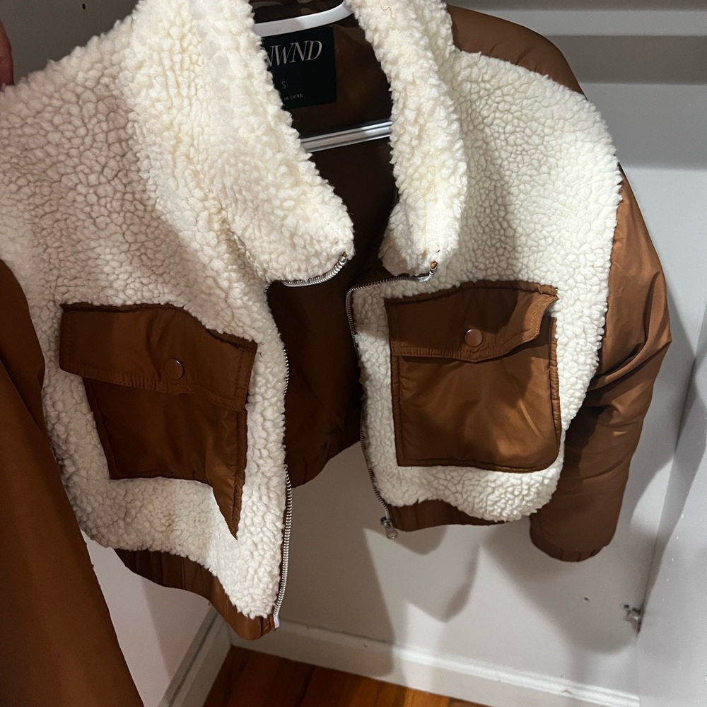 Cropped Brown and Cream Sherpa Jacket